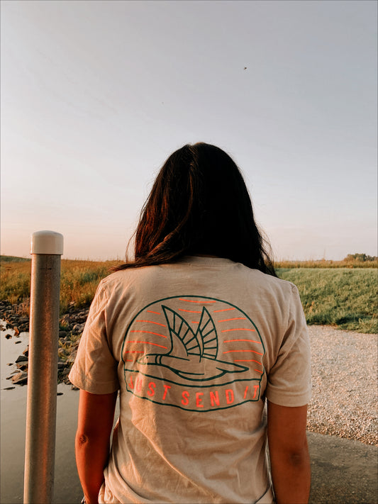 Model wearing Just Send It Tee