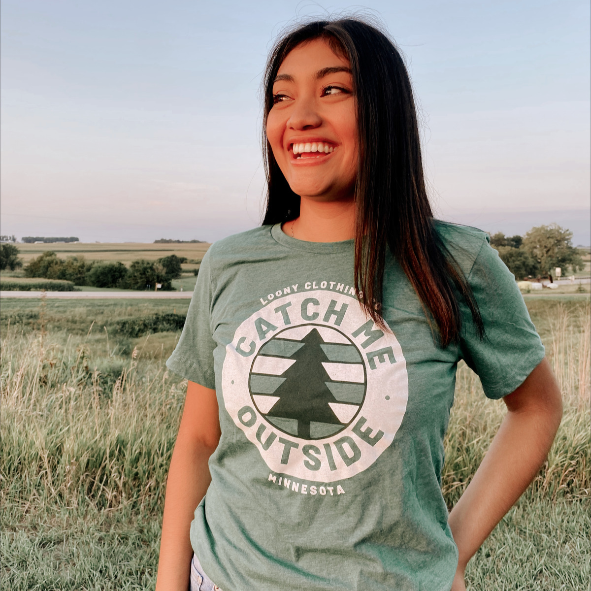 Model wearing Catch Me Outside Tee