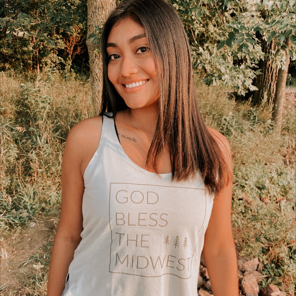 model wearing god bless the midwest tank