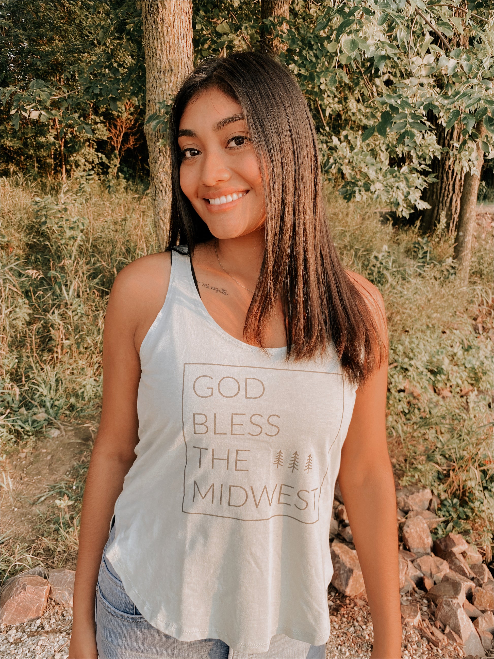 Model wearing God Bless the Midwest Tank.