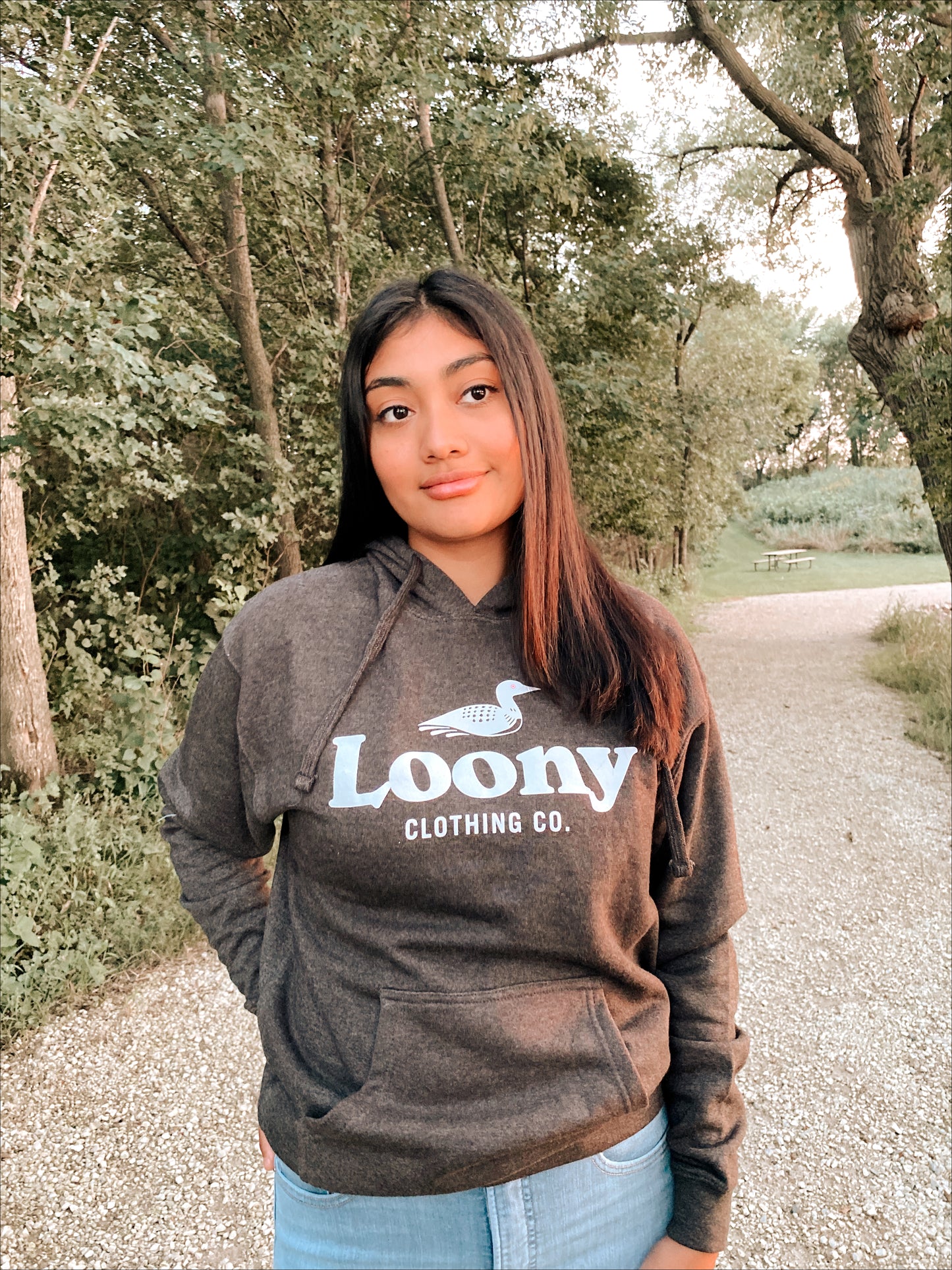 Model wearing Loony Logo Hoodie